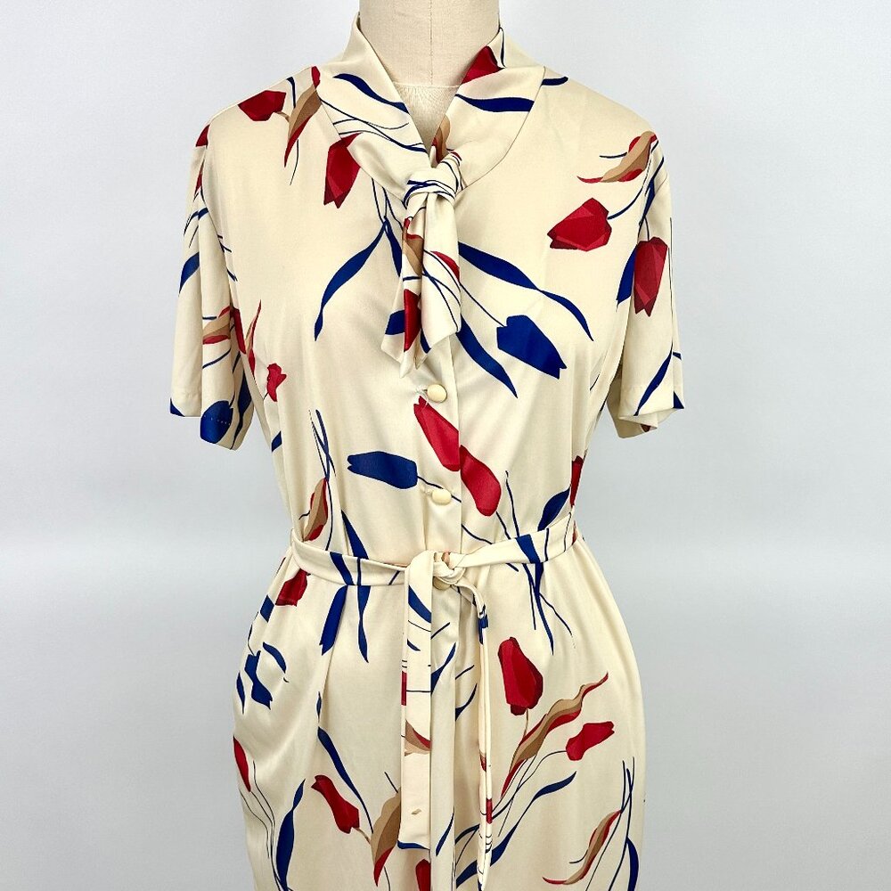 Vintage 1980s Cream Dress | Dandy Dress | Pull Over | Size XL | Neck Tie Bow